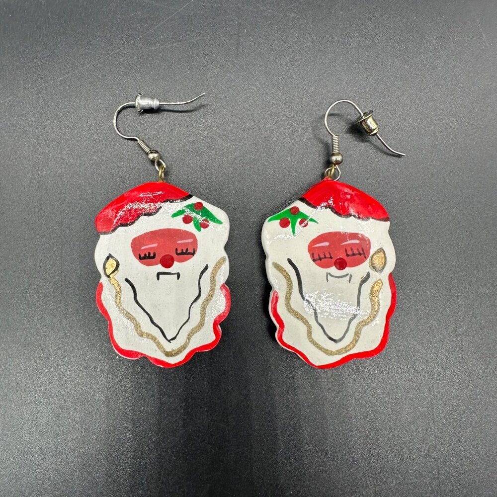 Santa Claus Dangle Earrings Christmas Hand Painted Wooden Kitschy Handmade Red - Picture 2 of 6